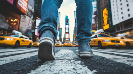 Close-Up of Man's Feet at Times Square Crosswalk with City Life Around