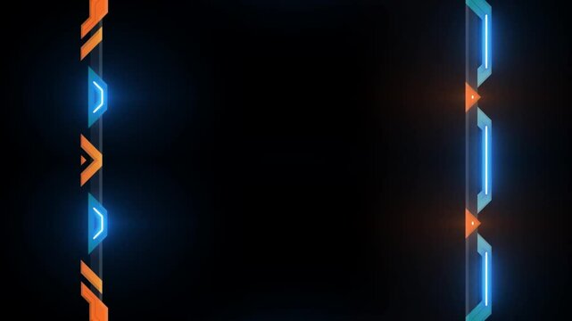 Long vertical mechanical flashing blue lights perpendicular dark orange lines frame on black background with space for your own content.