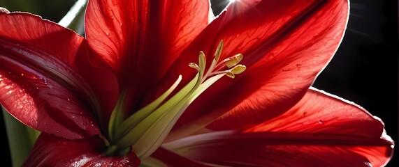 Macro close up of vivid red amaryllis flower with glistening dew under early morning sunbeams