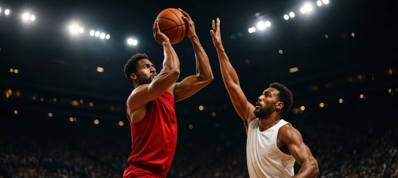 Basketball player in red jersey rises for shot as rival attempts block under intense spotlight during packed night game.