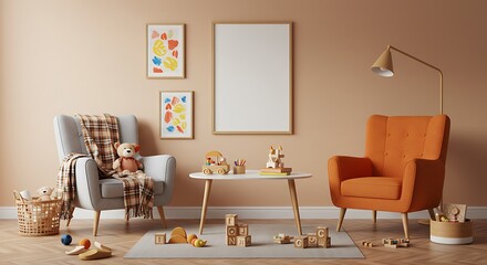 Cozy and Playful Child's Room Interior Design  Warm Tones, Wooden Toys, and Comfortable Seating