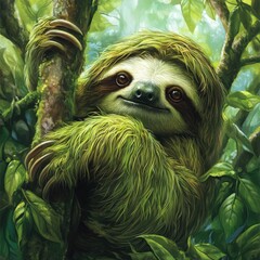 Naklejka premium Peaceful sloth in lush forest