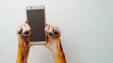 Dog is holding a phone with a black screen. The dog's paws are holding the phone, and the phone is positioned in the middle of the image. Concept of playfulness and curiosity