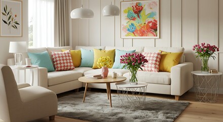 Bright and Airy Living Room Design  A Spring-Inspired Interior Decor with Colorful Pillows and Tulips
