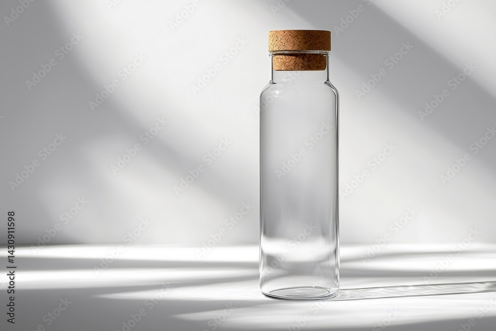 Aufkleber Empty glass bottle with cork lid on white background casting shadows