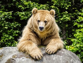 Obraz premium A brown bear is laying on a rock