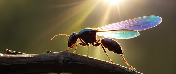 Macro close up of ants iridescent wings glittering beneath morning sunbeams on delicate twig