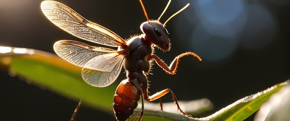 Macro close up of ants iridescent wings glittering beneath morning sunbeams on delicate twig