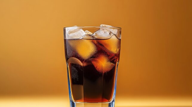 Glass of soda with ice cubes in it. The glass is half full and the ice cubes are floating in the soda