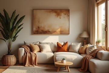 Neutral Toned Living Room with Sectional Sofa, Artwork, and Natural Light