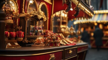 Bakery cart in festive market lights