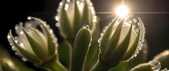 Macro close up capturing tiny intricate hairs on flower buds sparkling with translucent dewdrops in early light