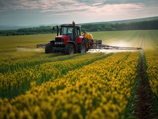 Fototapeta premium Modern Farming Tractor Spraying Pesticides on Grain Field