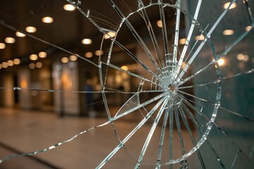 Cracked glass background texture. Shattered glass, broken window with radial fracture lines, starburst effect. Abstract white glass texture with cracks. Damage destruction concept.