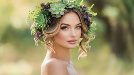 Fototapeta premium Enchanting Woman Adorned with Succulent Flower Crown in a Lush Garden