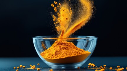 Bowl filled with yellow powder is sitting on a table. The powder is a bright, vibrant yellow color and it is spread out across the surface of the bowl. The bowl is made of clear glass