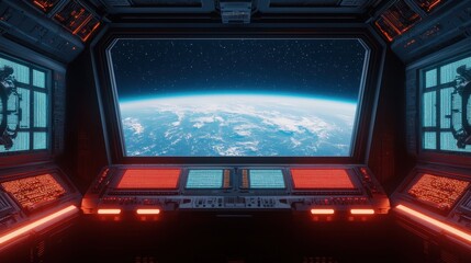 Obraz premium Futuristic Spacecraft Interior with Control Panels and Stunning View of Earth from Window