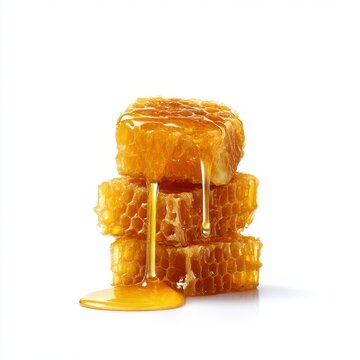 Honeycomb stack with dripping honey isolated on white background