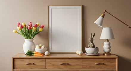 Easter Decor Mockup Wooden Dresser with Tulips, Rabbit Figurine, and Blank Frame