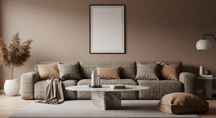 Fototapeta premium Modern Living Room Interior Design Neutral Tones, Cozy Atmosphere, and Elegant Style