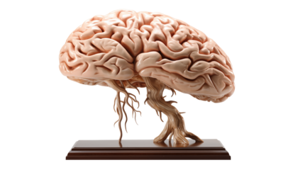 Anatomical model of a human brain resting on a brown wooden base against a transparent background png