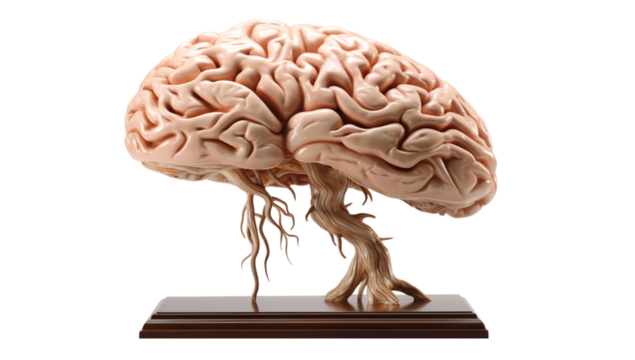 Anatomical model of a human brain resting on a brown wooden base against a transparent background png - Powered by Adobe