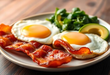 Crispy bacon, sunny-side up eggs, creamy avocado slices & vibrant spinach on a plate, tasty, green