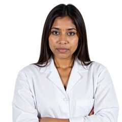 Portrait of a South Asian Female Medical Professional in a White Lab Coat, Displaying Confidence and Professionalism with Arms Crossed