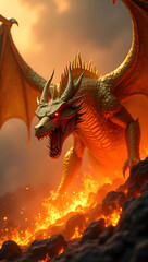 Fototapeta premium Majestic Golden Dragon Spreading Wings Above Lava Rocks