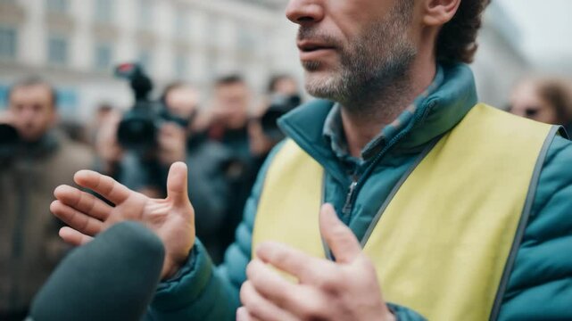Man in yellow vest speaks passionately to crowd and media, city protest communication &ndash; activism, public demonstration, awareness
