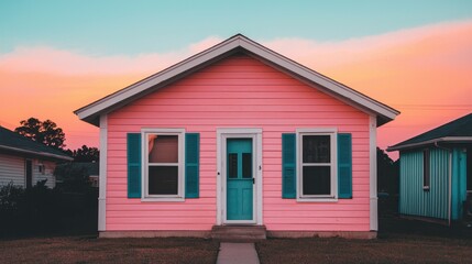 Charming Pink House with Blue Shutters and Vibrant Sunset Sky in Background, Perfect for Real Estate or Home Decor