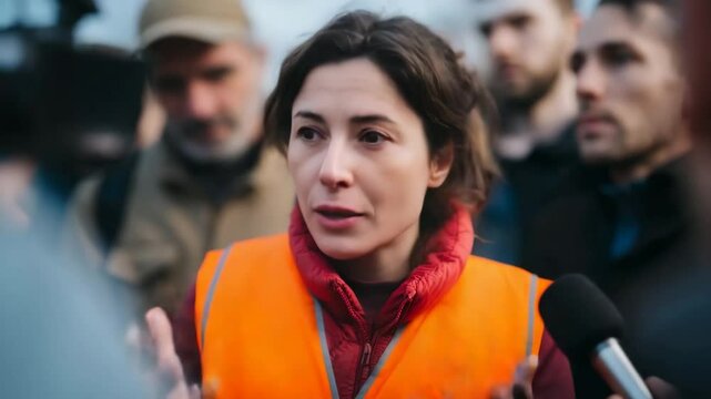 Woman in orange safety vest speaks passionately to group during outdoor interview, showcasing leadership and teamwork &ndash; Community, activism, and communication concept
