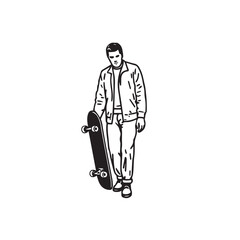 Man Carrying Skateboard Silhouette - Minimal Outline Drawing - man skateboard silhouette - man skateboard vector - man skateboard doodle - skateboard illustration - man skateboard line art

