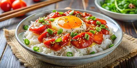 Sizzling tomato and egg stir fry served over a bed of fluffy white rice, garnished with chopped green onions and a sprinkle of sesame seeds, vegetable, food