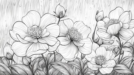 Detailed grayscale illustration of peonies in a garden setting.
