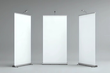 Empty rollup banners stand. Blank template. Exhibition stand roll-up banners mockup.