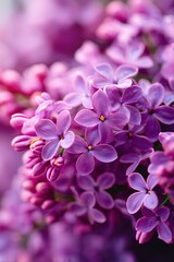 Obraz premium Purple lilac flowers bloom beautifully against a warm background in spring garden setting