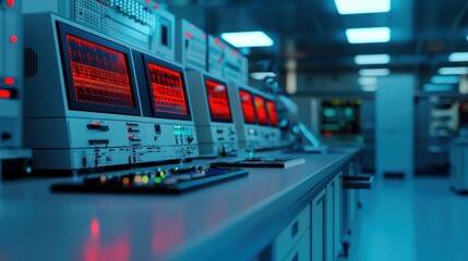 High-Tech Control Room with Digital Displays and Red Light in a Modern Data Center Environment