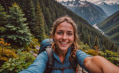 Smiling woman is taking a selfie in the woods. She is wearing a blue jacket and a backpack