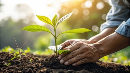 Fototapeta premium Hands holding a young plant growing in soil to represent care and environmental growth