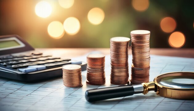 Magnifying glass focuses on stacked coins with calculator nearby in a financial setting