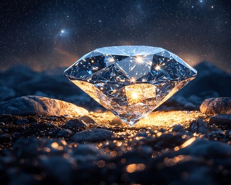 A brilliant diamond rests on a bed of dark stones under a starlit night sky.  The diamond glows with inner light, reflecting the cosmic beauty around it