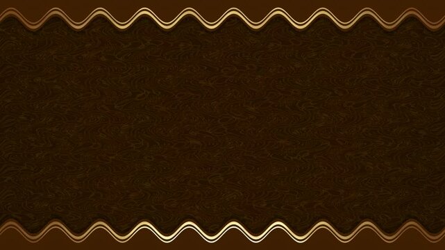 Long, rectangular, horizontal wavy golden stripes, lines on a brown background, frame with the effect of moving light. Space for your own content.