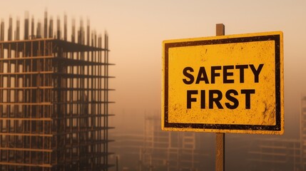 Obraz premium Construction Site Safety Sign with Warning Message Amidst a Building Under Construction During Sunrise