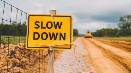 Obraz premium Cautionary Traffic Sign Indicating Slow Down Along Gravel Road with Construction Machinery in Background