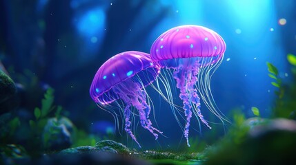 Naklejka premium Discover the enchanting dance of glowing jellyfish in the ocean depths underwater scene ethereal ambiance
