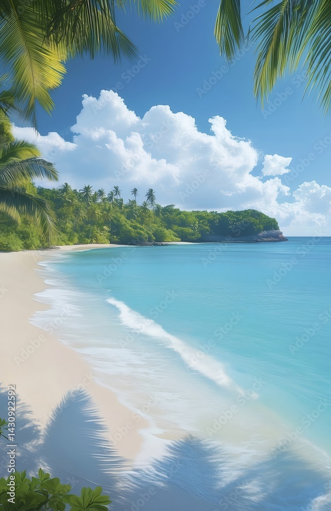 Aufkleber 青い海と白い砂浜にヤシの木が並ぶ熱帯ビーチの風景 晴れた夏の日の美しい景色