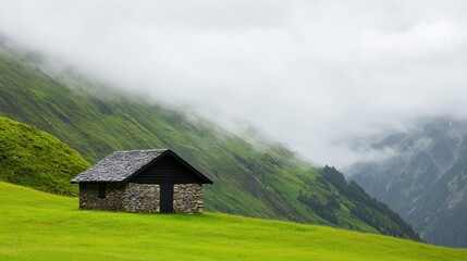 Obraz premium Serene Mountain Landscape with a Rustic Cabin Surrounded by Lush Green Hills and Foggy Skies