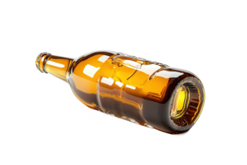 Amber beer bottle laying down isolated on transparent background