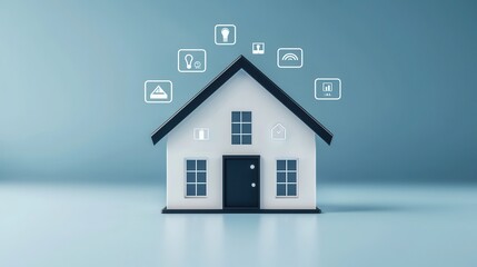 Modern House Icon with Digital Symbols Representing Home Technology and Smart Features on Abstract Background